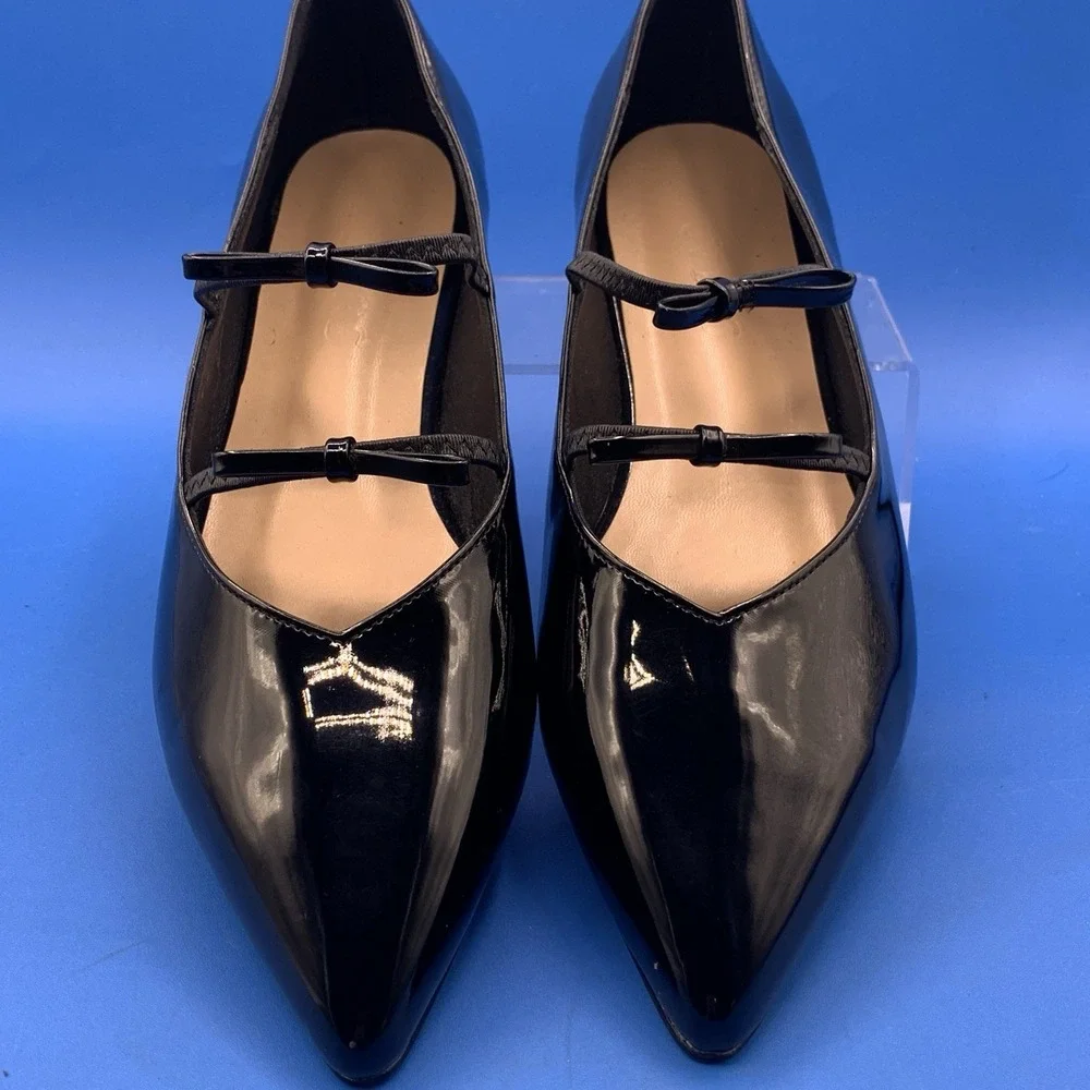 Lovirs Women's Black Double Bow Pointed Toe Faux Patent Leather Flats - Size 10